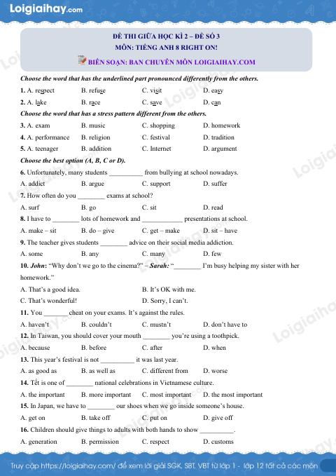 Đề thi giữa kì 2 Tiếng Anh 8 Right on! - Đề số 3